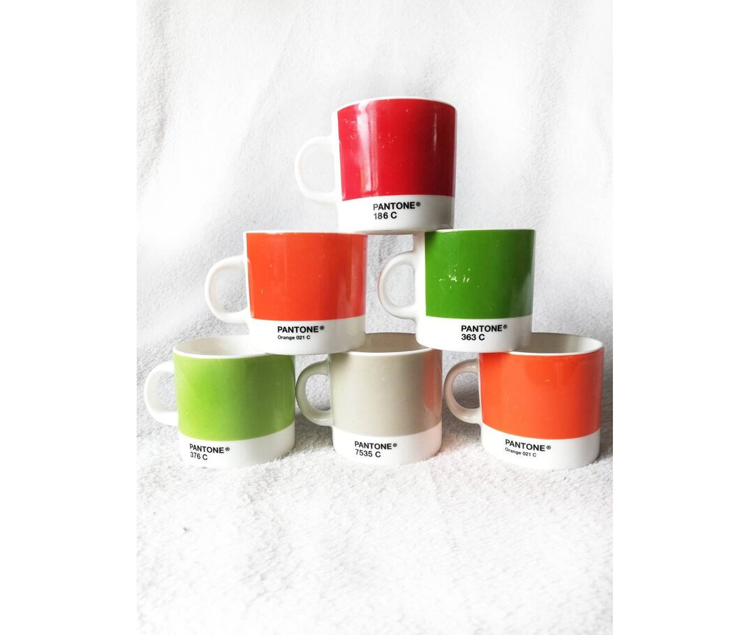 6 Multicolored Pantone Cups, Coffee Cups, Red, Orange, Beige, Green