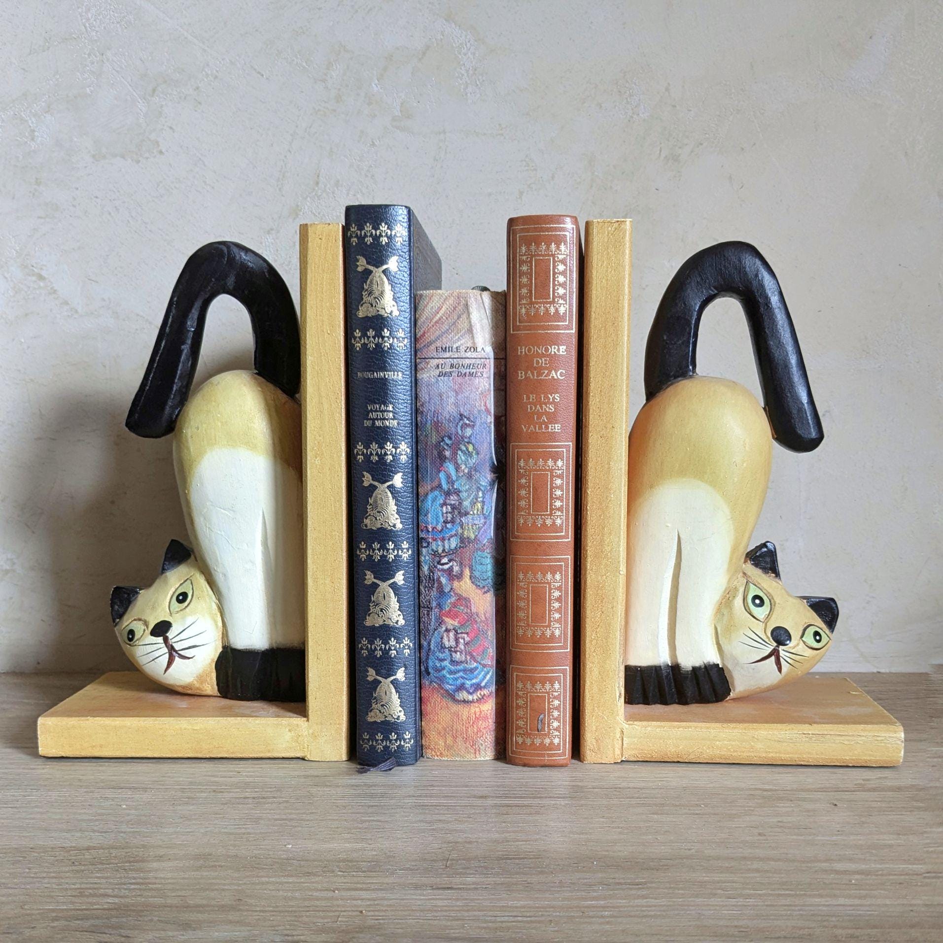 Serre-livres en pierre Palewa sculptée Chat et souris Noir et blanc 16 cm