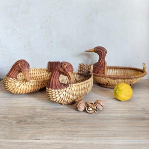 trio of rattan baskets, wicker, vintage 1980 ducks, wickerwork storage bins, fruit basket, country kitchen decor