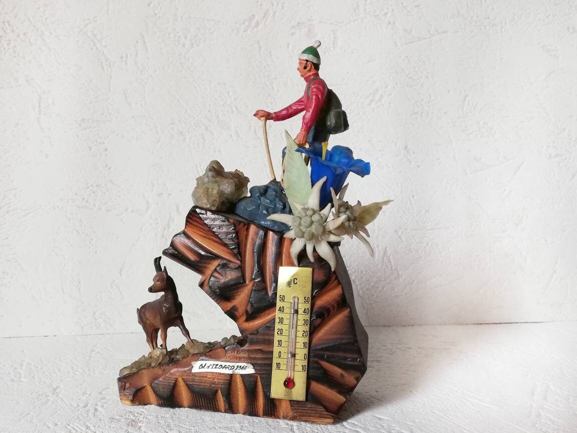 Thermomètre Vintage Français Thème Montagne, Ski, Chamois, Randonnée, en Bois et Plastique, Kitsch R