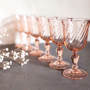 Set of 6 16cm Vintage French Twisted Pink Glass Wine Glasses 1960s 1970s, Water Glass, Stemmed Glass, Rosaline Blush Pink, Shabby