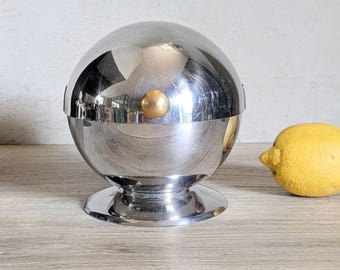 sucrier en acier inoxydable vintage 1970s français Space Age, boule boîte à biscuits sphérique, sphère métallique bistrot français