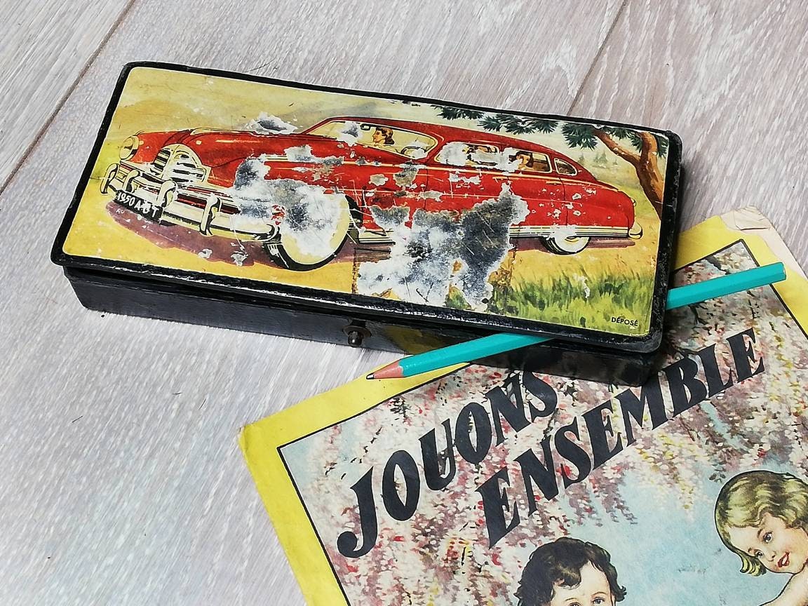 Vintage Français Boîte à Crayons, Années 1950, Plumier, Boîte Antique, Voiture, Carton, France, Ecol