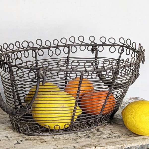 French vintage wire basket, twisted metal egg basket, vintage, antique countryside, metal fruit basket