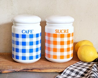 Set of 2 vintage French Vichy check spice jars 1970, opaque white blue orange opaline glass, jar, gingham kitchen container,
