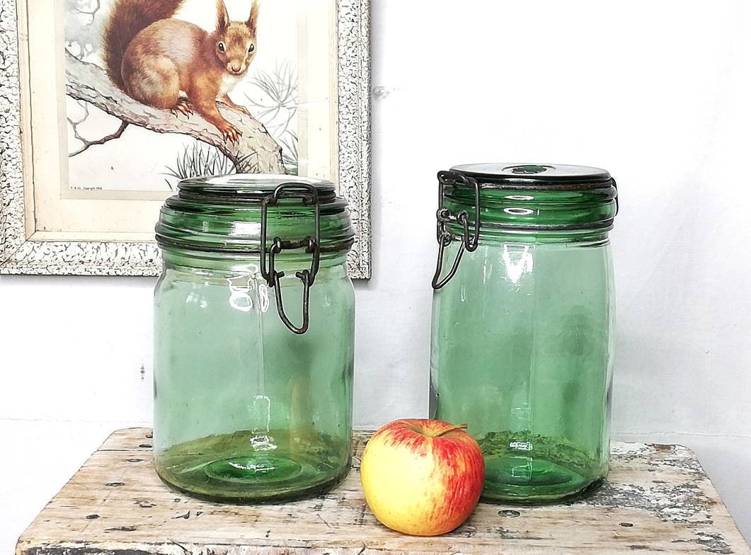 Bocal Pot de Conserve Vintage Français Millésimé 1930 Verre Vert, Solidex/Durfor , 1 Litre, Mason Ja