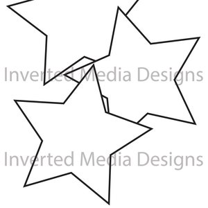 May include: Three black outline stars layered on top of each other. The stars are all the same size and shape.