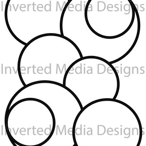 May include: Black and white line drawing of overlapping circles. The circles are arranged in a random pattern.