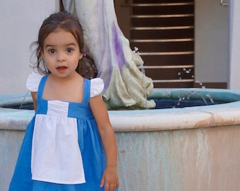 Girl's Blue Princess Dress, White Apron, Ruffled Straps