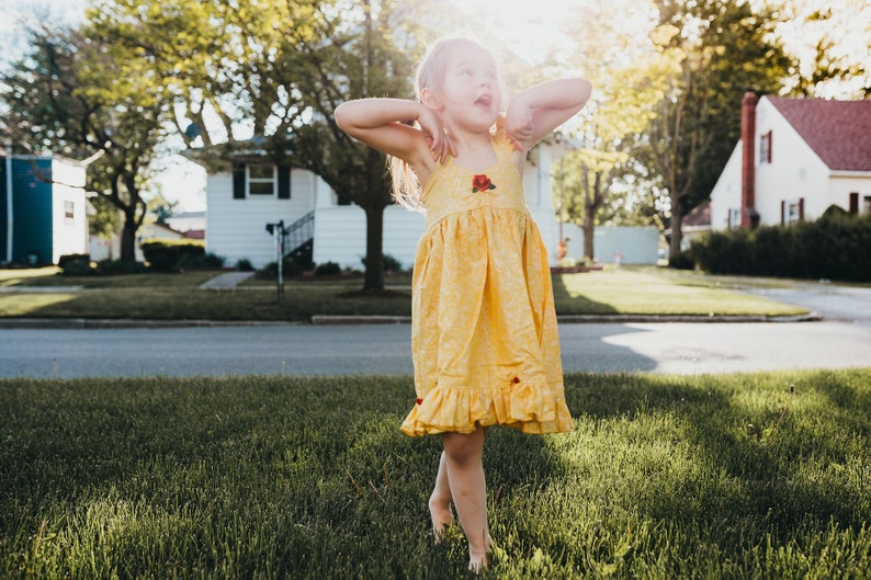 Girl's Yellow Princess Ballgown Dress , Girl's Yellow and Rose Princess Dress , Girl's Princess Costume , Girl's Everyday Yellow Princess image 1