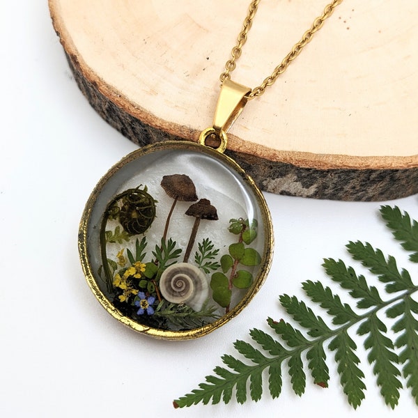 Mushroom Necklace, terrarium necklace, snail shell pendant, all REAL specimens, faerie garden, Forest Pendant