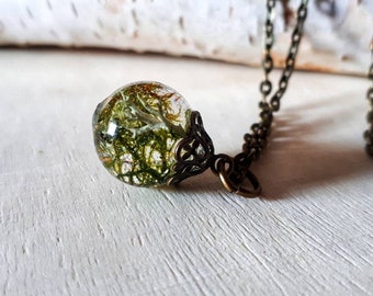 Moss Terrarium Necklace Globe Drop Ball Round Pendant Antique Brass Lichen Woodland Forest MADE TO ORDER