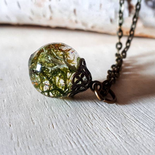 Collier terrarium mousse globe goutte pendentif rond laiton antique lichen forêt forêt sur commande