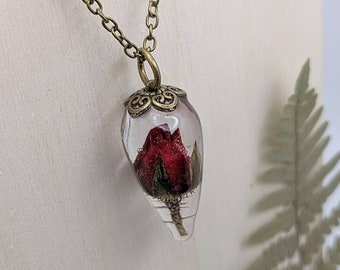 Eternal Rose Necklace, rosebud necklace, pressed rose pendant, Pendulum, Rea rose in resin, bronze filigree