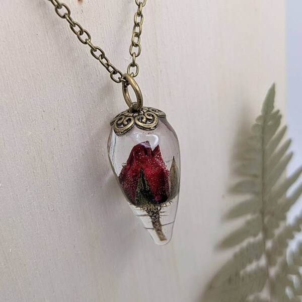 Eternal Rose Necklace, rosebud necklace, pressed rose pendant, Pendulum, Rea rose in resin, bronze filigree