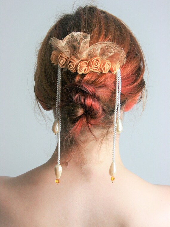 1920s Vintage Style Pearl Hair Comb With Gold Roses Gold Lace Etsy