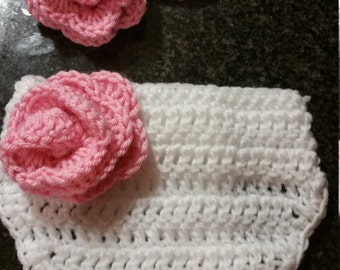 Capa de fralda de crochê para bebê e faixa de cabeça combinando