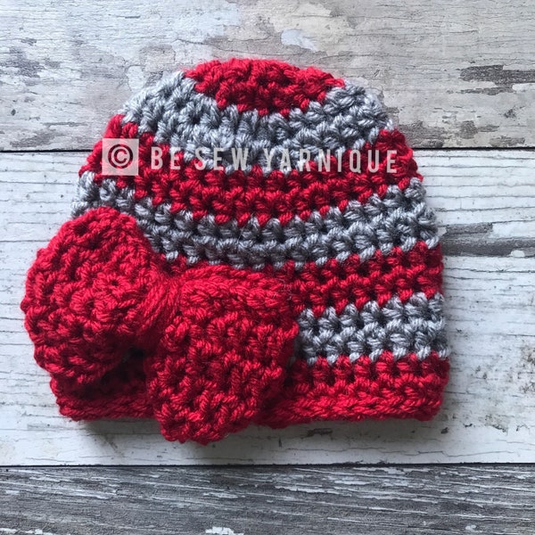 Crochet Striped Hat with Bow OSU Ohio State colors