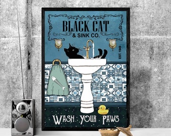 Unframed Black Cat Sink Co Wash Your Paws , Black Cat Home ,  Black Cat Lovers Gifts, Gift For Cat Lovers, Cat Lover Gift, Cat Owner Gift