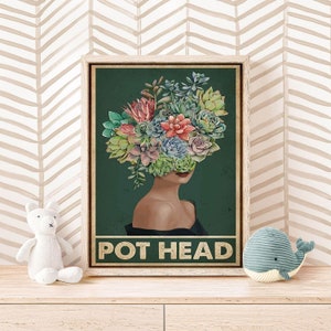 Unframed Green Pot Head Succulent Poster, Succulents Gardening Home , Girl Pot Head Gardening, Flower Girl Vintage , Beautiful Woman