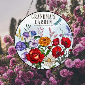 Custom Birth Flowers Stain Glass Suncatcher, Custom Grandma&#39;s Garden Gift With Kids Names, Mother&#39;s Day Gift For Grandma, Birth Month Flower