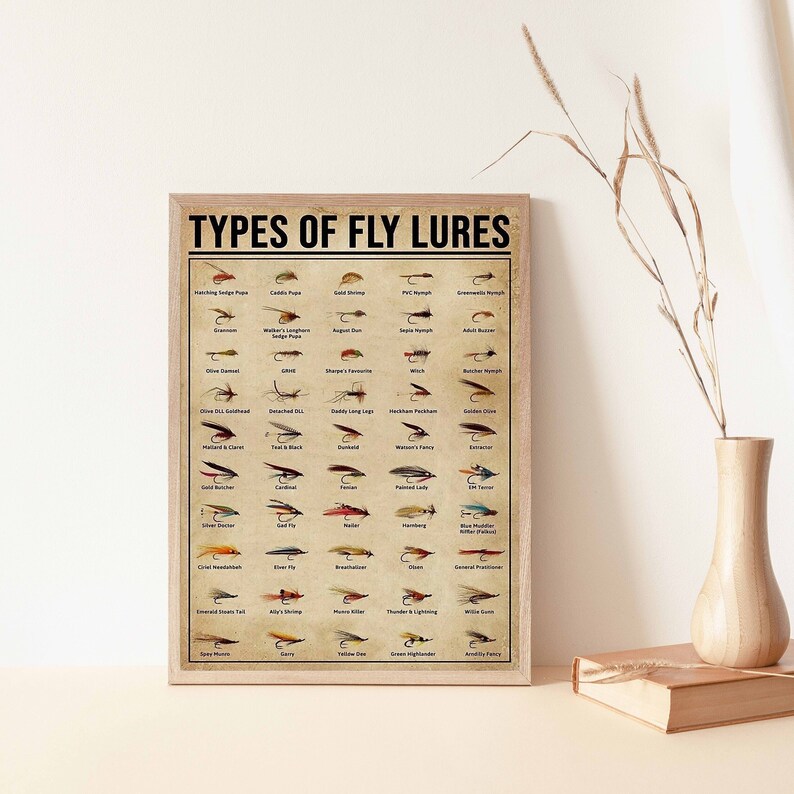 Types of Fly Lures Poster, Vintage Knowledge Print, Fly Lures Lover