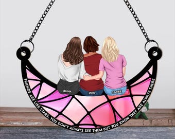 Personalized Suncatcher Ornament Gifts for Best Friends, Friends Sisters Sitting On The Moon,  Gift For Sistas, Friend keepsake Friendship