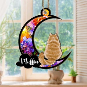 Custom Cat Memorial Suncatcher, Cat On Moon Loss of Pet Sympathy Gift, Gift for Cat Lovers, Cat Memorial Gift, Custom Name Cat Decor