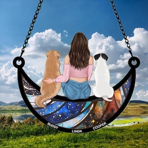 Custom Suncatcher Ornament, Girl And Dogs Sitting On The Moon Personalized Suncatcher, Family Window Hanging, Dog Memorial Ornament