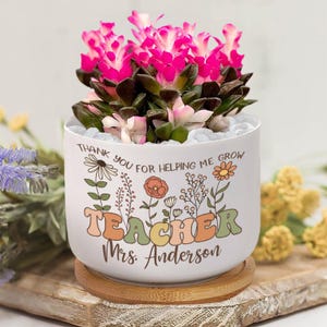 Personalized Teacher Plant Pot, Groovy Thank You For Helping Me Grow Plant Pot, Teacher Appreciation Gift, Custom Name Plant Pot For Teacher