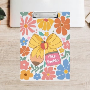 Personalized Teacher Clipboard, Teacher Pencil Coquette Bow Acrylic Clipboard, Custom Teacher Clipboard with Name, Teacher Appreciation Gift