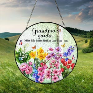 Personalized Grandma&#39;s Garden Suncatcher, Custom Birth Flowers Stained Glass Suncatcher, Grandma Gift, Mother&#39;s Day Gift For Grandma
