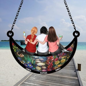 Personalized Friends Are Like Stars Bestie Suncatcher, Girls Sitting On The Moon Window Hanging Suncatcher, Friendship Gift, Friendship