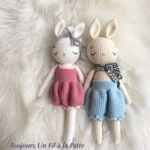 Puede incluir: Dos muñecas de conejo de crochet, una con un vestido rosa y la otra con un vestido azul, están tumbadas sobre una superficie blanca y esponjosa. El texto "Colin et Coline" está por encima de las muñecas, y el texto "Toujours Un Fil à la Patte" está por debajo.