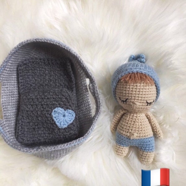 Tutoriel / Patron Set mini bébé nombril et son couffin au crochet -Français et Anglais (US)