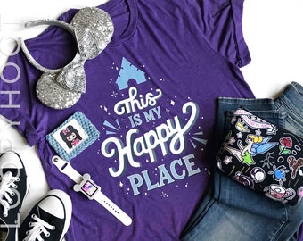 Disney Castle "This is My Happy Place" Family Vacation Shirt in PURPLE TRIBLEND