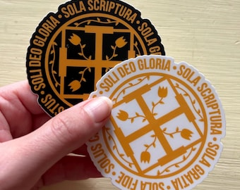 5 Solas, 3” round, black/orange, or white/orange, weatherproof vinyl stickers