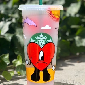 Personalized Bad Bunny reusable Starbucks cold cup, Bad Bunny Un Verano Sun Ti, 24oz Venti cold cup, custom merch summer 2022