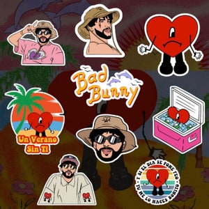 Bad Bunny sticker bundle, 10 waterproof sticker set, weatherproof glossy water bottle laptop stickers, Un Verano Sin Ti holographic custom