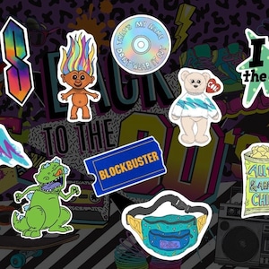 90’s sticker bundle, set of 10 waterproof stickers, holographic pack, glossy water bottle laptop stickers, 80s 90s vibes retro custom merch
