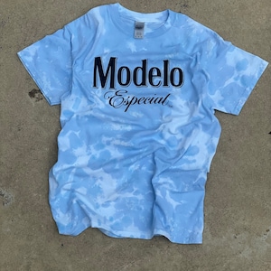 Modelo blue Tie Dye Tshirt, adult unisex modelo beer shirt, modelo logo blue tie dye, summer 2022 short sleeve sky blue shirt