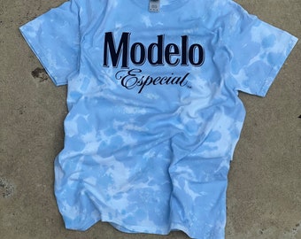 Modelo blue Tie Dye Tshirt, adult unisex modelo beer shirt, modelo logo blue tie dye, summer 2022 short sleeve sky blue shirt