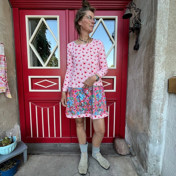 Froeken Frida Jersey Kleid Björk, rot, rosa bunt mit 3/4 Arm