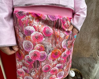 Froeken Frida jersey rok, roze paardenbloemen