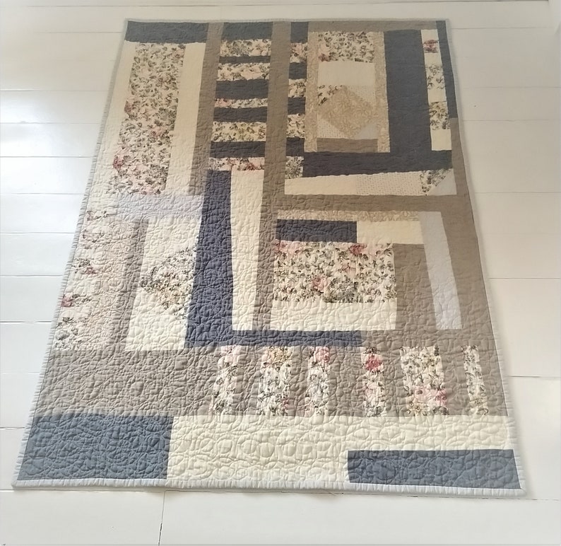 Contemporary Improv Quilt Cotton and Linen Machine Stitched Lap Quilt Homemade Baby Quilt Free Form Crib Quilt