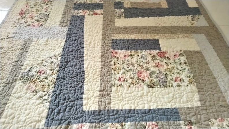 Contemporary Improv Quilt Cotton and Linen Machine Stitched Lap Quilt Homemade Baby Quilt Free Form Crib Quilt