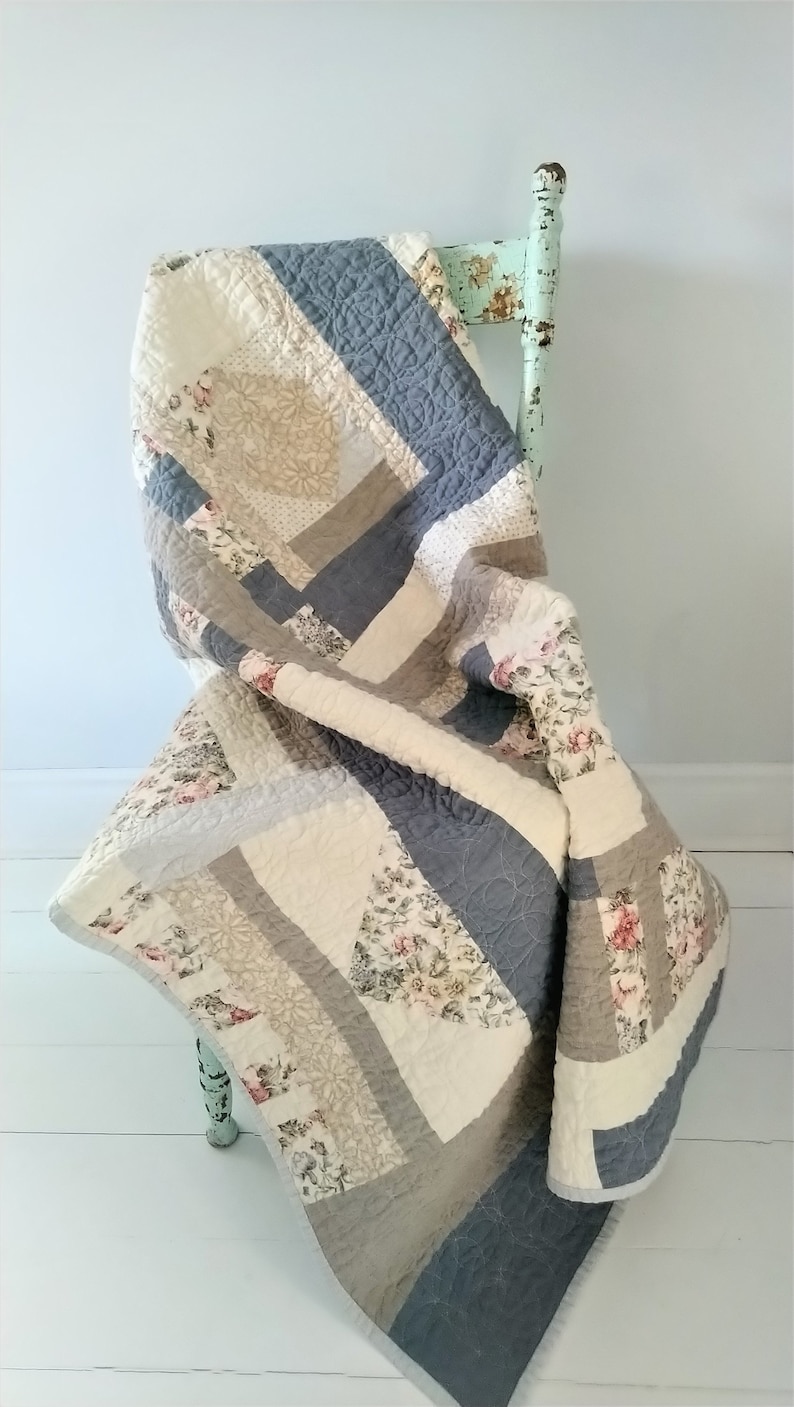 Contemporary Improv Quilt Cotton and Linen Machine Stitched Lap Quilt Homemade Baby Quilt Free Form Crib Quilt