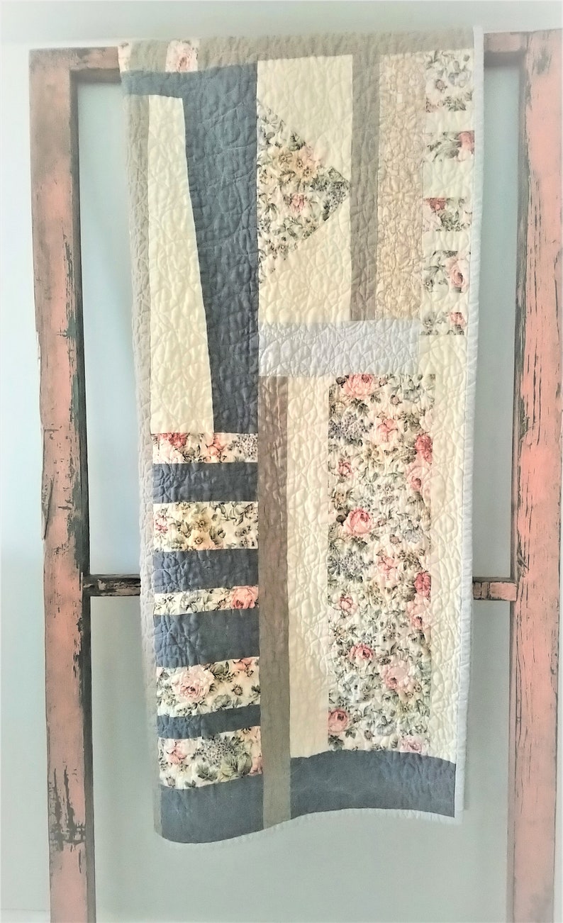 Contemporary Improv Quilt Cotton and Linen Machine Stitched Lap Quilt Homemade Baby Quilt Free Form Crib Quilt