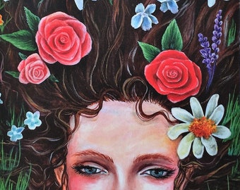 Flowers in Her Hair art print, Boho style art, Whimsical Portrait, Bohemian Girl