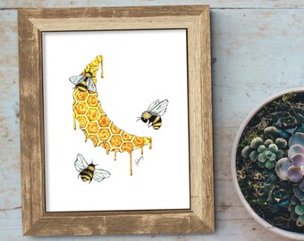 Honeycomb Cresent Moon with Honeybees illustration art print